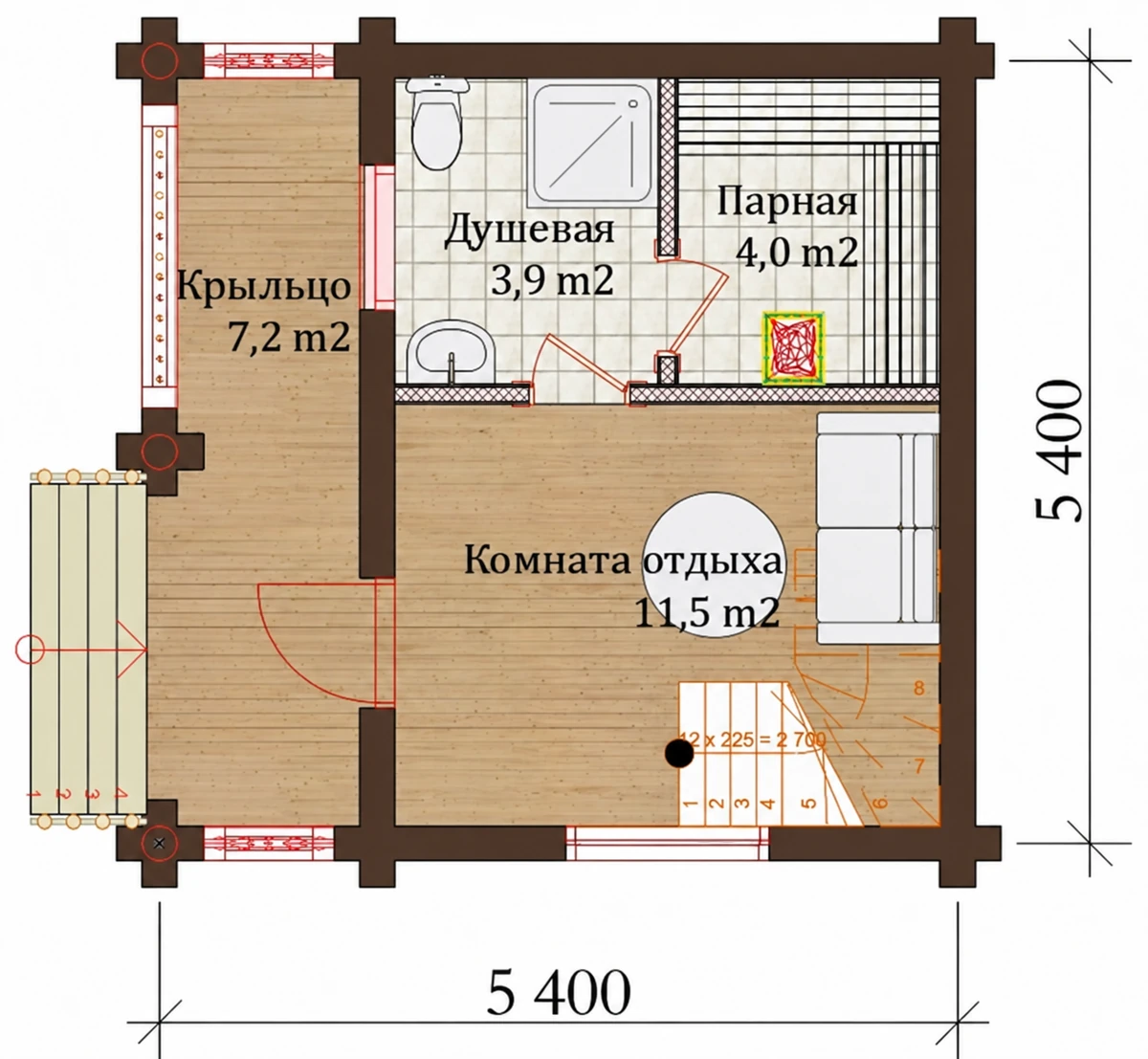 Planul casei Model LS-S140 – Saună din bușteni 50,7 m²