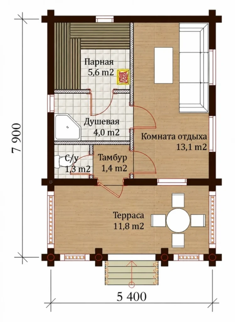 Plan saună LS-S142 – 5,4 × 7,9 m