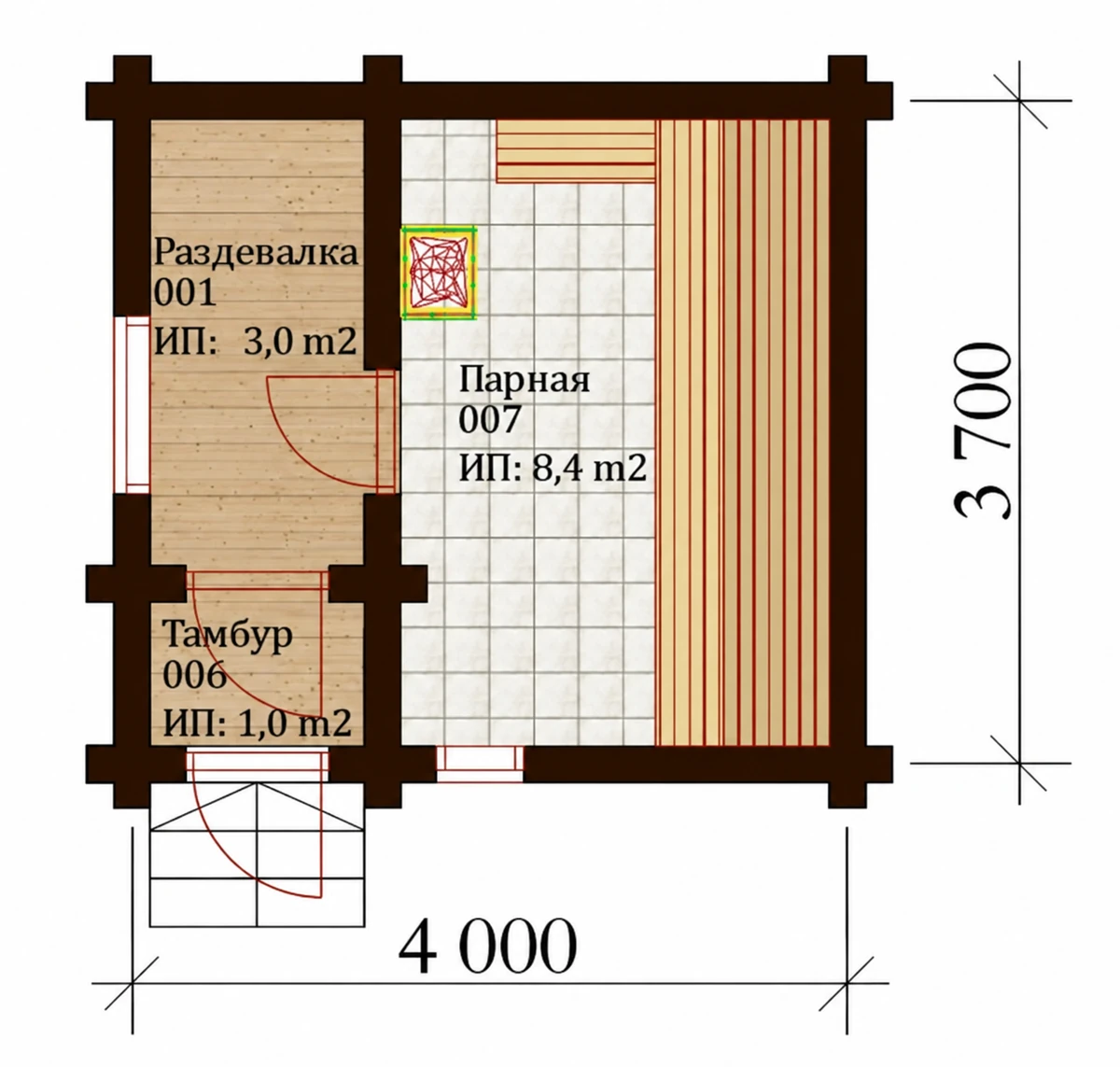 Planul casei Model LS-S146 – Saună din bușteni 12,4 m²